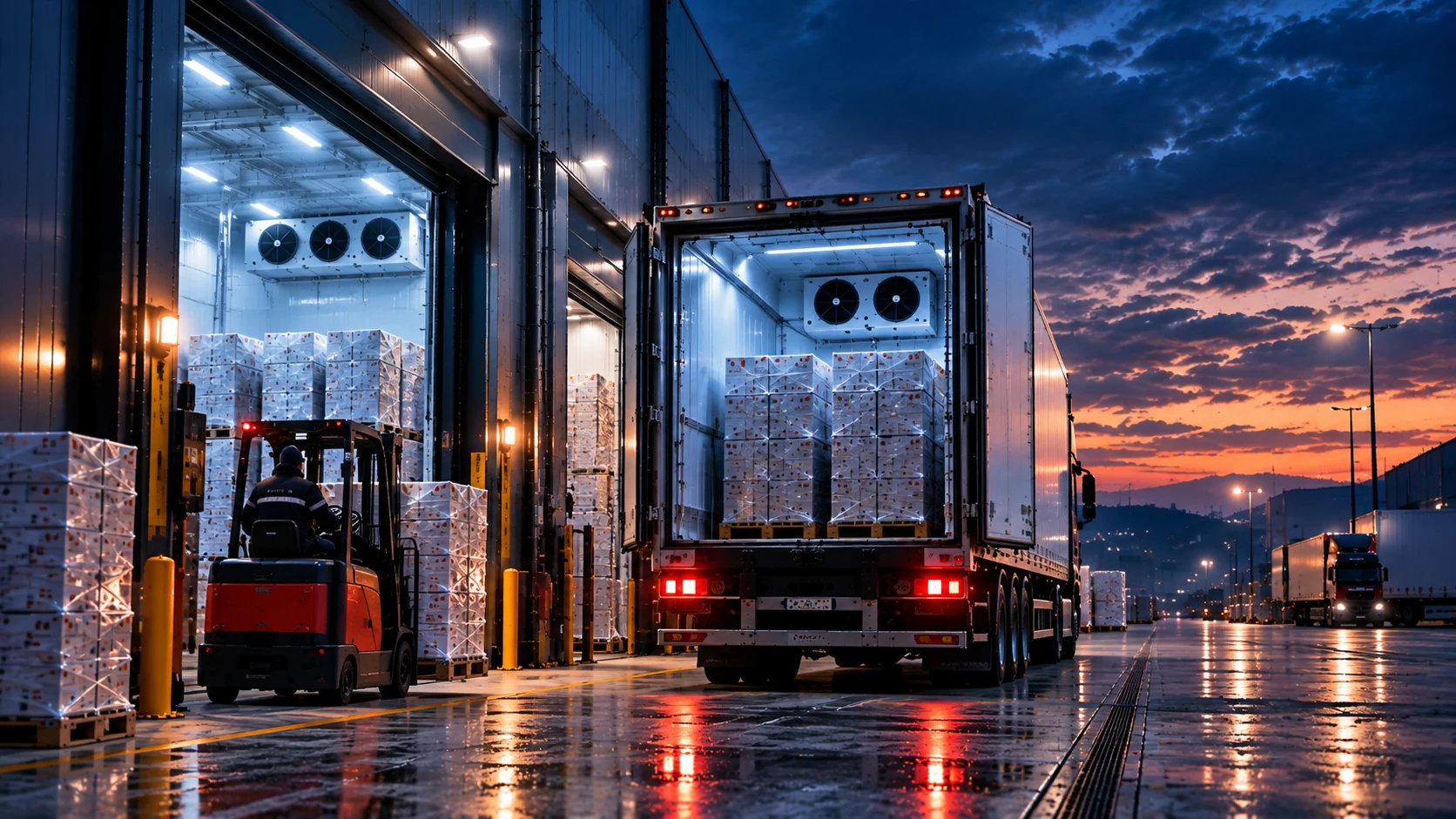 Operativa logística refrigerada con pallets y vehículo de carga.